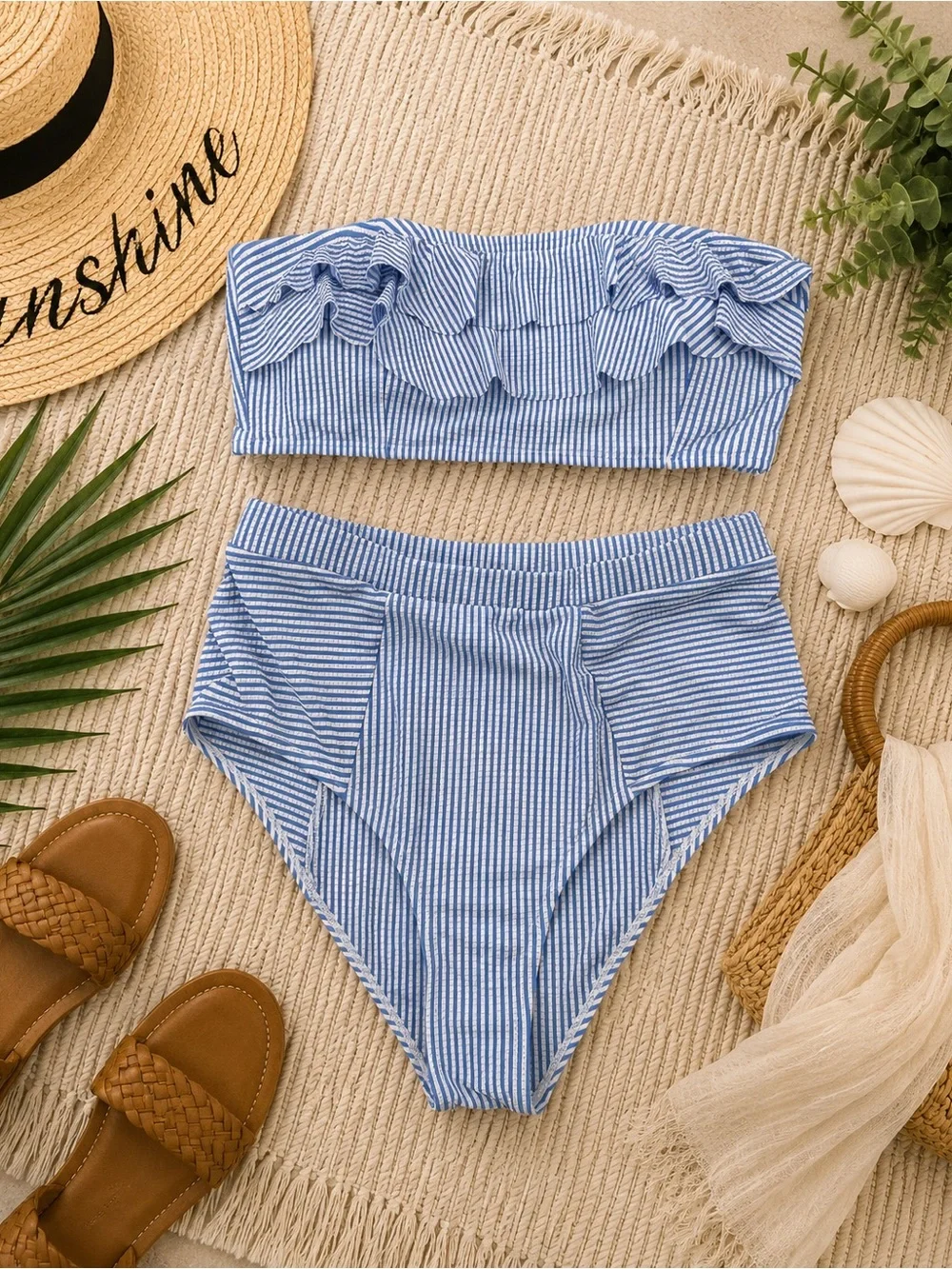 Blue & White Seersucker Ruffle Bandeau Bikini Set High Waist Size L - Picture 1 of 9